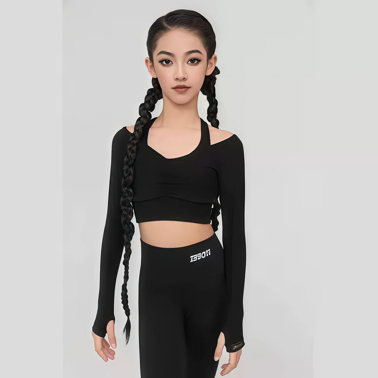 ที่กําหนดเองผู้หญิงผู้ใหญ่หญิงเต้นรําละตินเครื่องแต่งกายปิดไหล่แขนยาวแยกกางเกงบานเล็กน้อยชุดกีฬาสไตล์ชุด