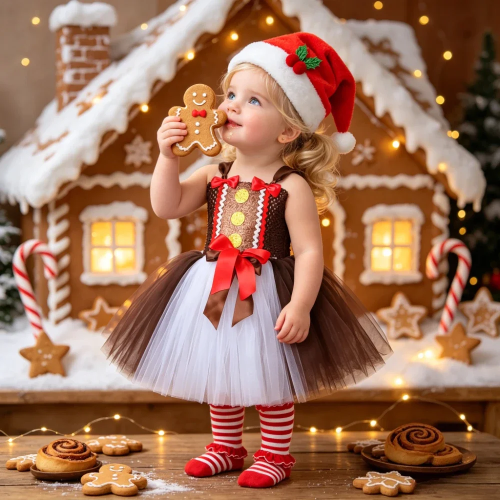 THEEPER, disfraz navideño para niñas, conjunto de vestido tutú con motivos de pan de jengibre y gorro de Papá Noel con lazo, disfraz navideño para niños, vestido de fiesta marrón con purpurina.