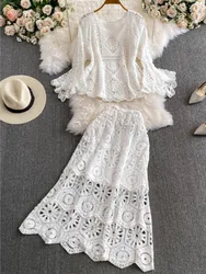 Women Autumn Elegant Flare Sleeve Hollow Out Knitted Tops High Waist A-Line Midi Skirt Two Piece Suits Boho Beach Clothings New