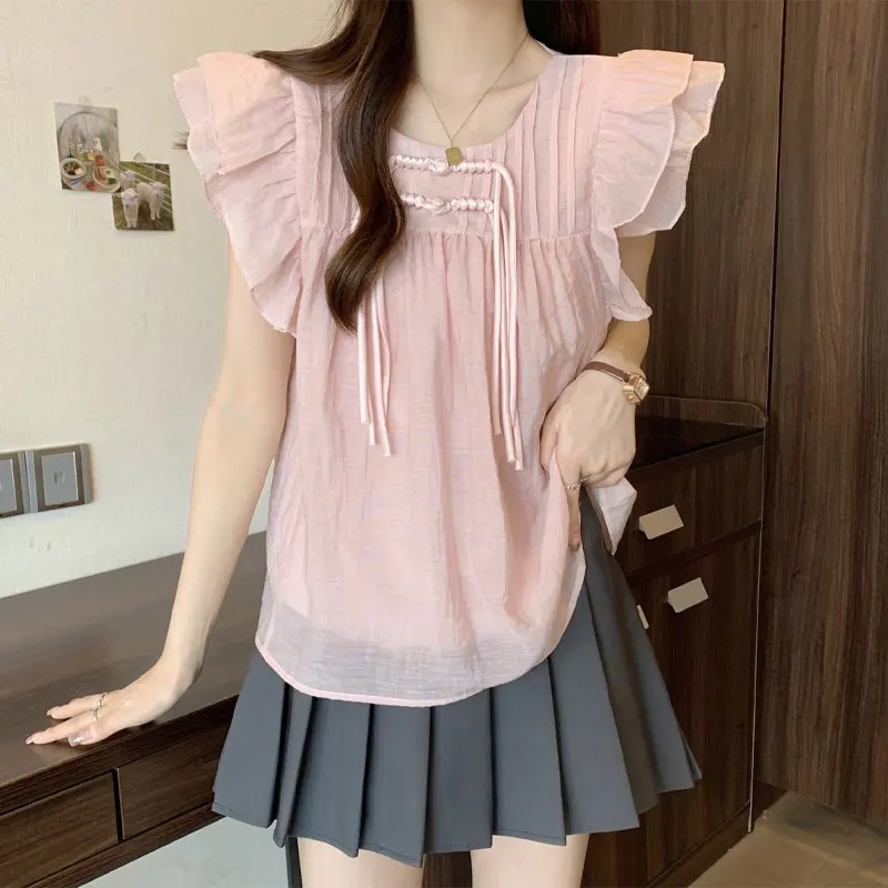 Sweet Flying Sleeve Shirt Stylish Chinese Disc Buckle Folds Female Clothing Casual O-Neck 2024 Summer Basic Loose Vintage Blouse