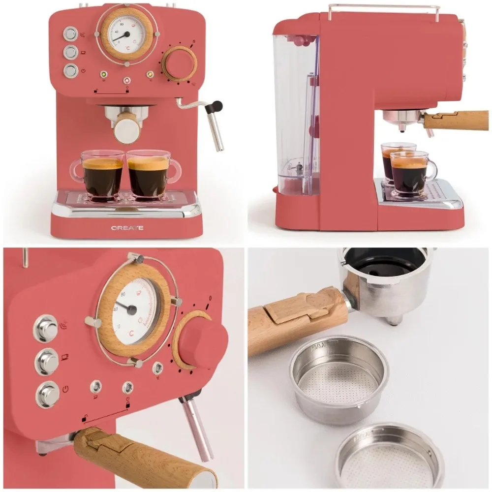 Cafetera semiautomática THERA RETRO, 20 barras, depósito de 1,25 L, madera y terracota mate, cápsulas ESE de 55 mm, 1100 W