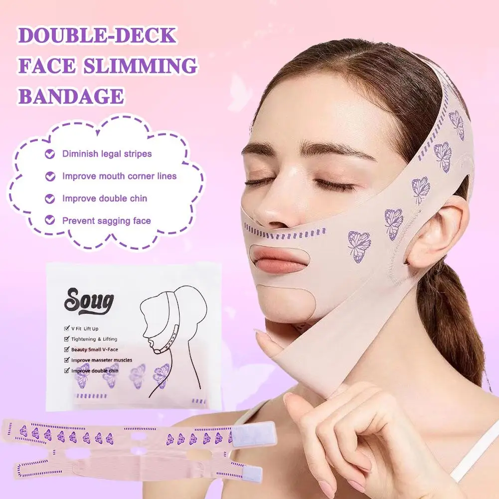 Bandagem de emagrecimento facial de dois andares, cinto de levantamento facial, cinta de bochecha em v, modelador de beleza, anti-linha, queixo wri x3j0