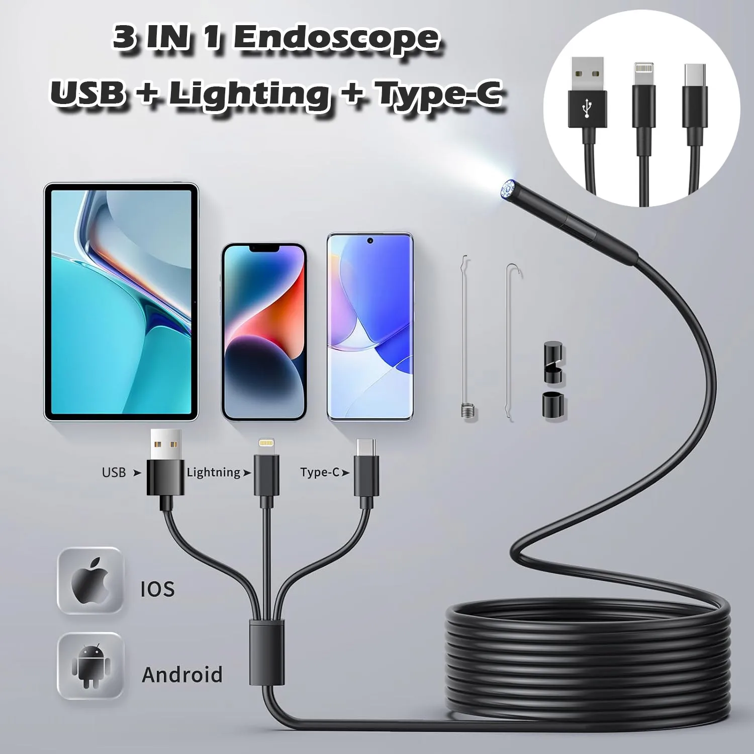 3in1 Usb Video Endoscope Endoscopic Cable Pipe Sewer Inspection Camera For Iphone Ios Usb Type C 1080p Full Hd Android Cars