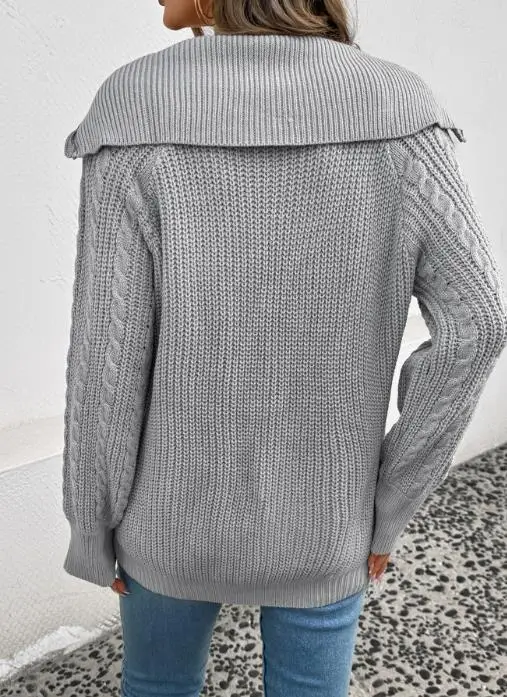 

Korean Style Casual Women's Knitting Sweater Simple Lapel Fried Dough Twist Zipper Design Autumn Lazy Vintage Women's Top