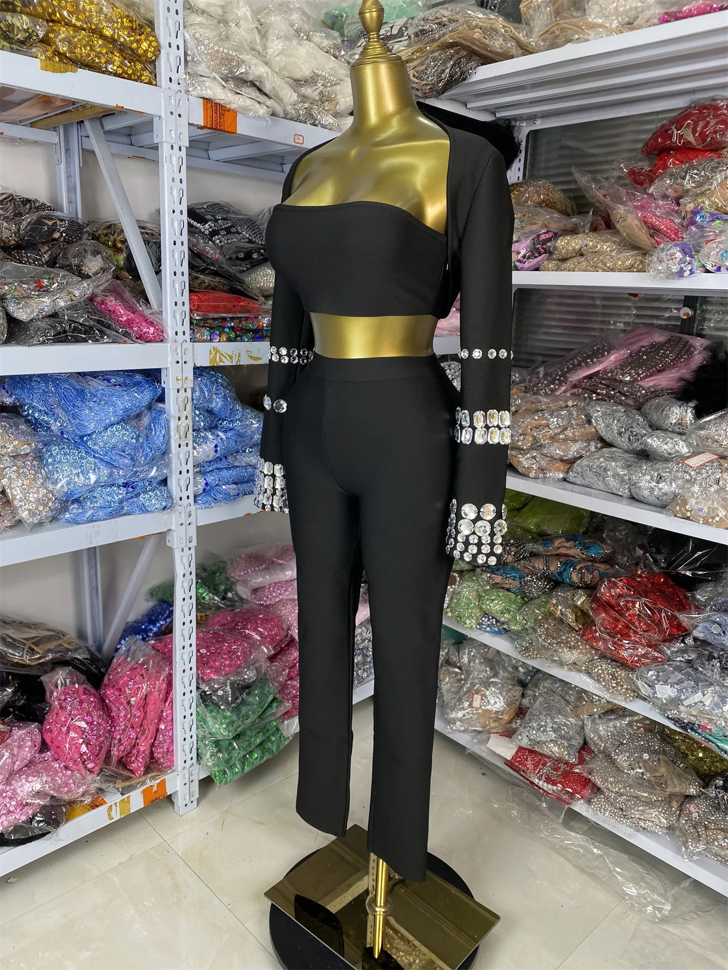 

Women Black Diamonds Long Sleeve Shawl Bustier Top Pants Three Pieces Sets Sports Topic Evening Party Outfits High Street Cloth