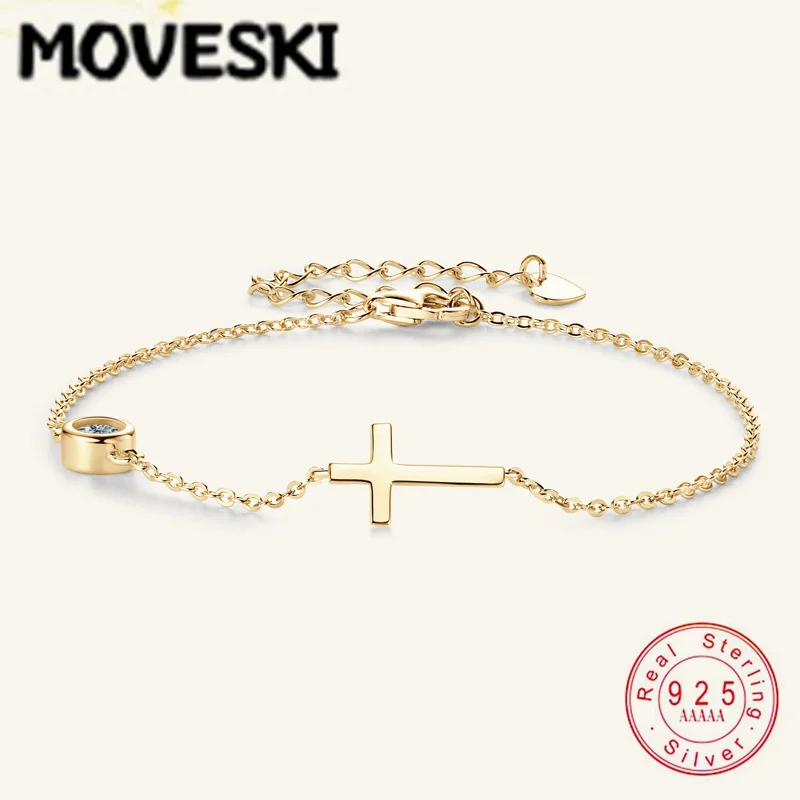 

Браслет MOVESKI из стерлингового серебра 925 пробы с крестом для женщин, минималистичное регулируемое украшение для рук с круглым муассанитом
