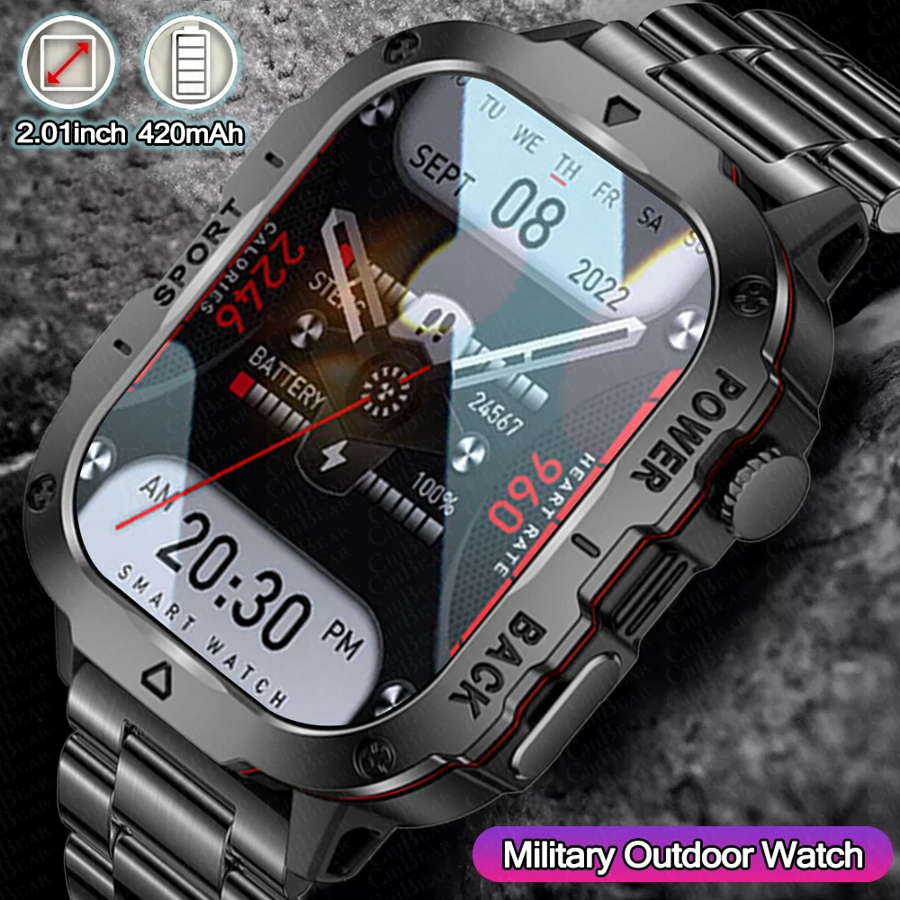 

2.01" Outdoor Military Smartwatch Men GPS Motion Track 420 mAh ealth Monitoring Watch Bluetooth Call Waterproof Smart Watch