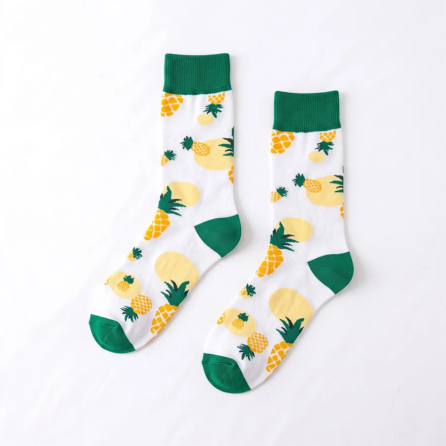 1 Pair of Men's White-Based Yellow-Green Pineapple Full-Print Warm and Breathable Mid-Calf Socks, Suitable for Autumn and Winter, Christmas, New Year, and Holiday Gifts