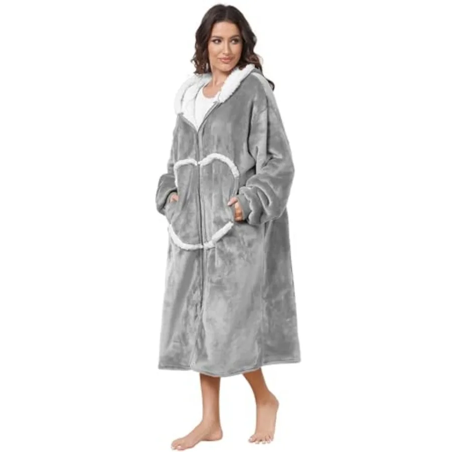 Oversized Wearab Blanket Hoodie, Cozy Flannel Blanket with Sleeves and Zipper for Women, Mens, Teens view 3