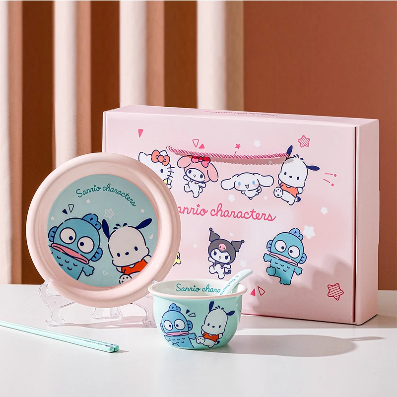 4Pcs Cartoon Sanrio Hello Kitty My Melody Cinnamoroll Kuromi Ceramic Gift Box Set Camping Home Tableware Cutlery Kid  Gift