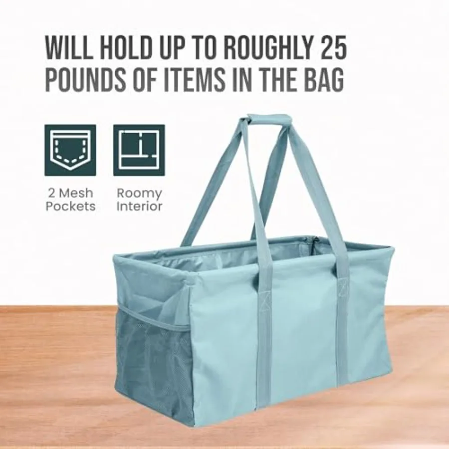 Extra Large Utility Tote Bag - Oversized Collapsible Reusable Wire Frame Rectangular Canvas Basket With Two Exterior Pockets Fo view 5