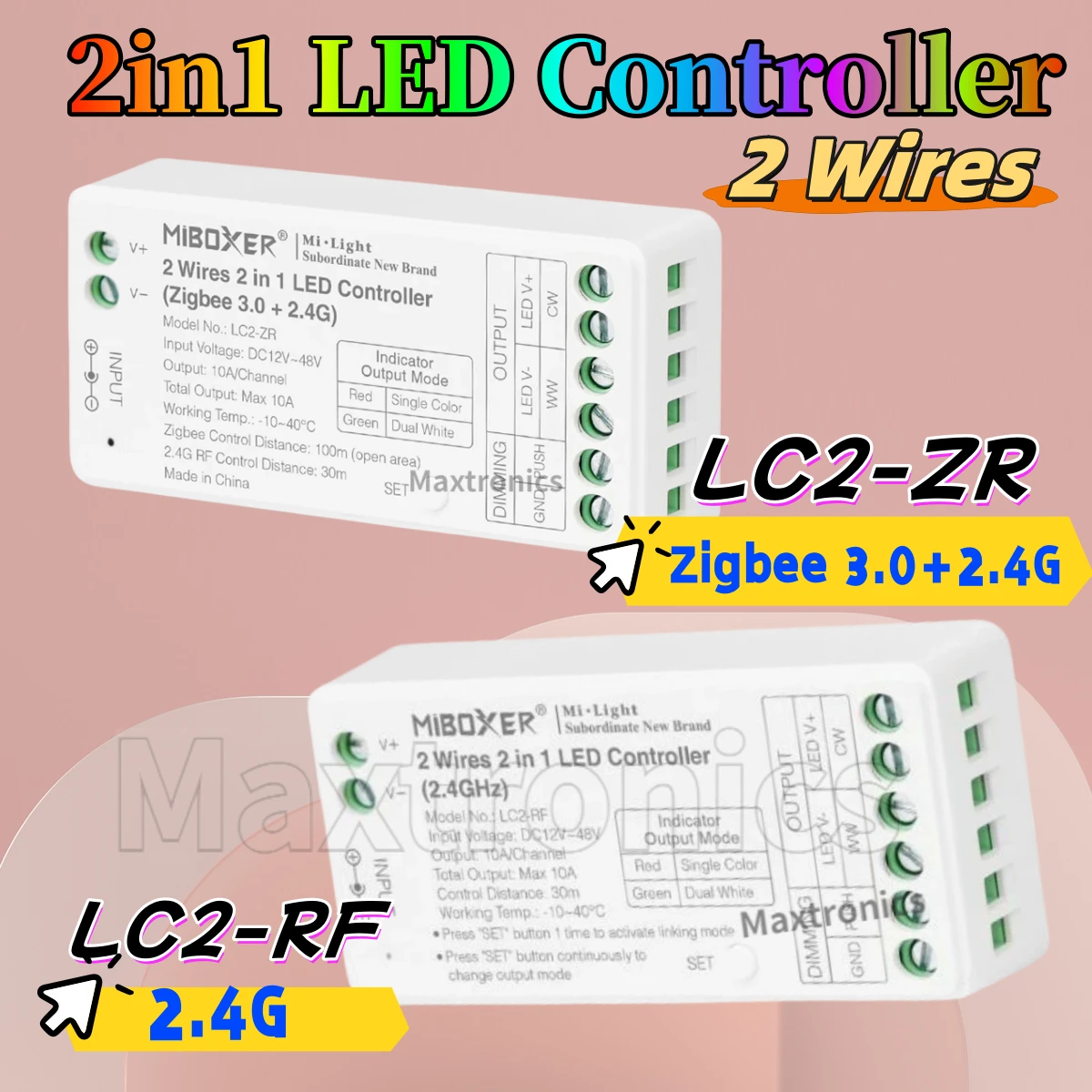 

MIBOXER LC2-ZR/RF 2 in 1 CCT LED Controller ( Zigbee 3.0+ 2.4G)2 Wires DC12~48V for Dual White/Single Color COB LED Strip Light