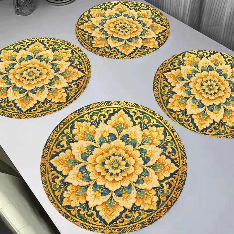 VIKAMA New Chinese Gilded Gold Treasure Flower Round Linen Table Mat Insulation and Wear resistant Table Mat Desktop Decoration