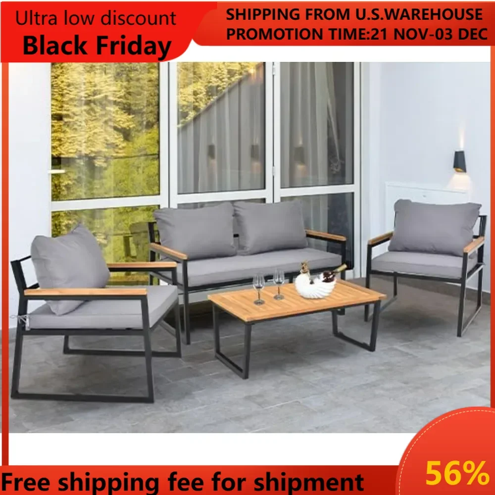 Patio Furniture 4pcs Outdoor Conversation Sofa Set with Acacia and Metal Coffee Table, Loveseat and Single Chair for Backyard