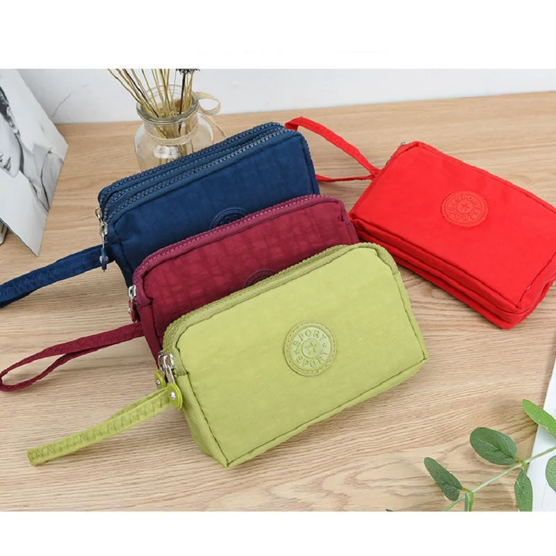 

Coin Purse Makeup Bags Solid Color Fabric Phone Purse Korean Style Wallets Wrinkle Clutch Bag Women Wallets Three Zippers Bags