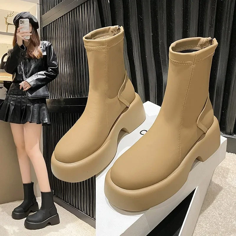 2023 Autumn Winter New Women Platform Ankle Boots Thick Sole Slip on Sock Boots Woman Elegant Chunky Chelsea Boots Women