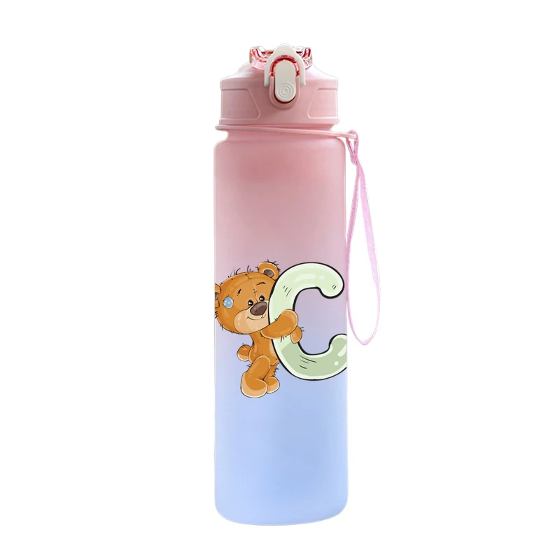 Cartoon Letter Printed Lovely A-Z 750ML Water Bottle Large Capacity Drinking Cup Portable Outdoor Sports Water Cup Children Gift