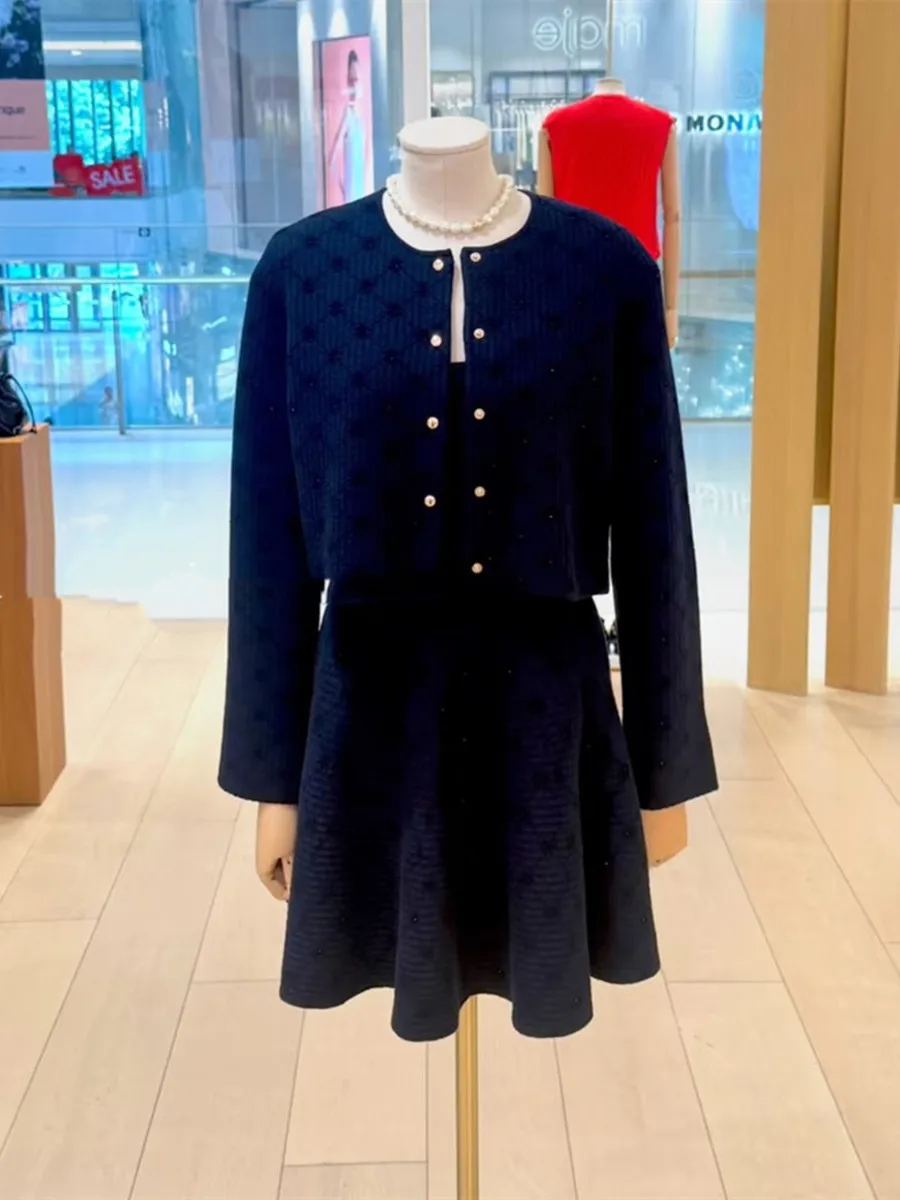High-End Version European Style Deep Blue round Neck Single Button Long Sleeve Knitted Open Cardigan Vest Dress Set for Women