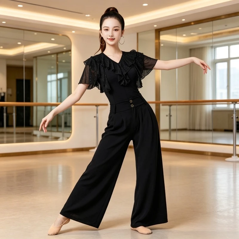 

Line Dance Tops Women V-Neck Ruffle Short Sleeves Summer New Adult Samba Practice Party Performance Fashion Dance Costume