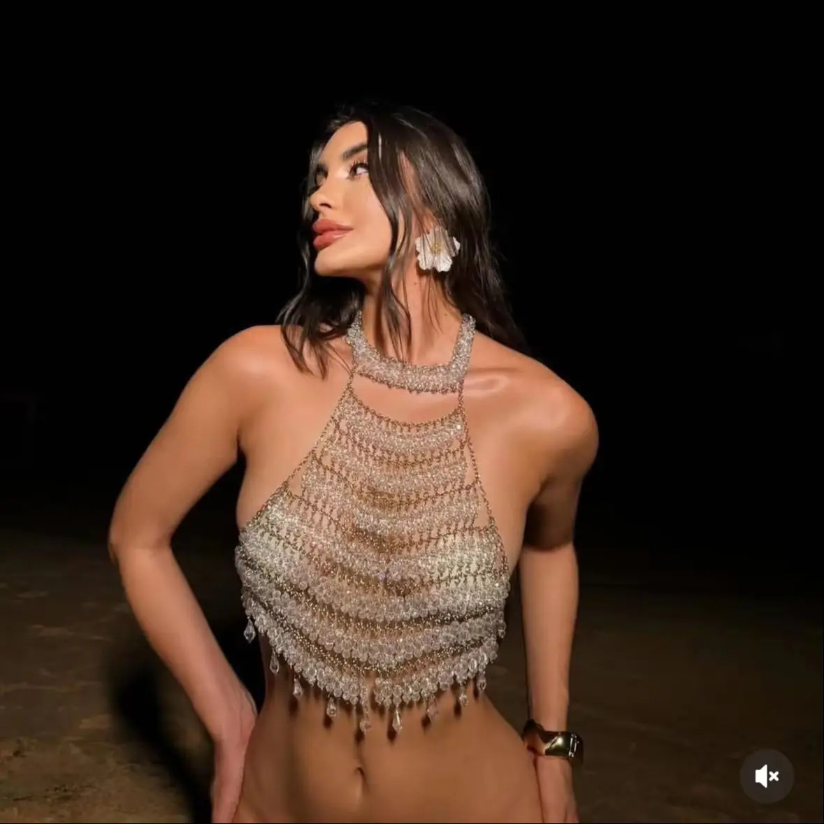 Fashion Pear Tassel Women Tank Top Sexy Hollow Out See Through Backless Halter Neck Chest Chain Crop Top Rave Festival Camisole