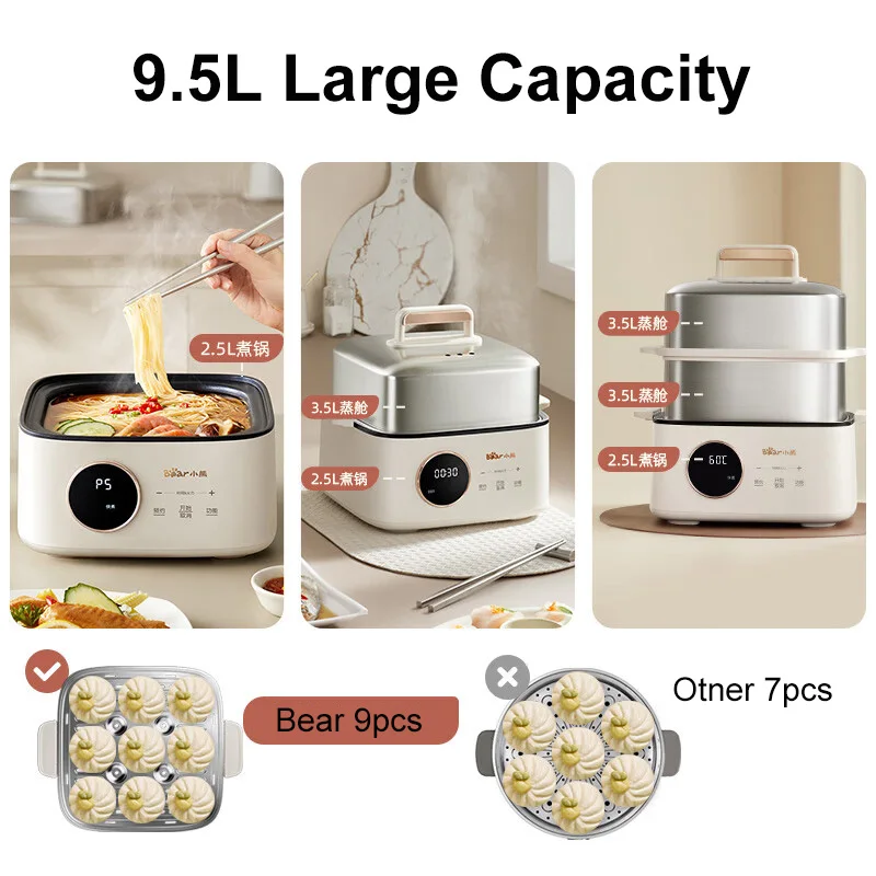 Bear急速電気スチーマー、ステンレス鋼、高速加熱、蒸しポット調理器、多機能家庭用キッチン家電、9.5l、1000w