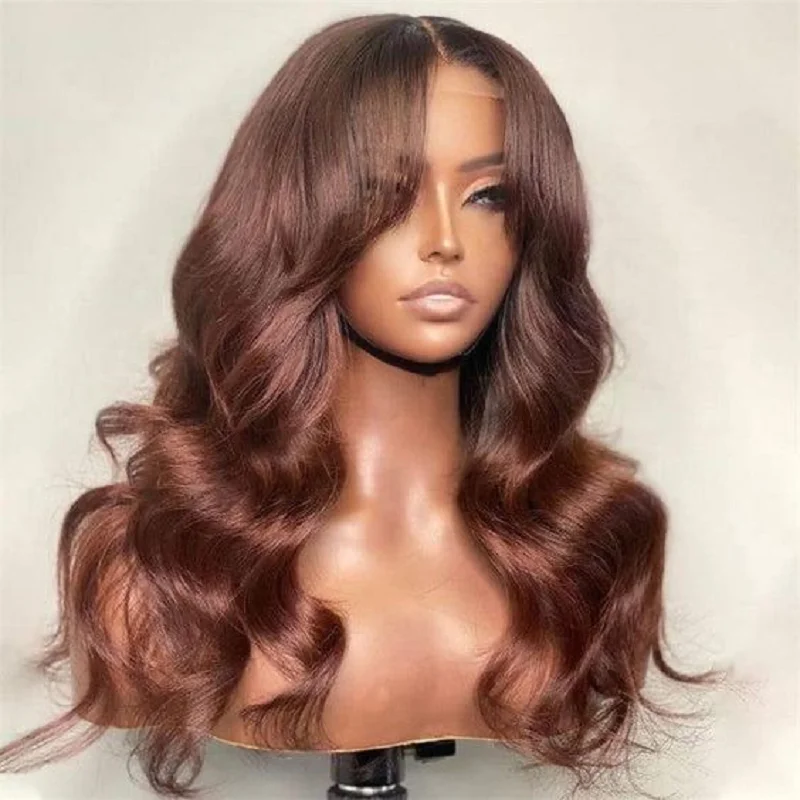 

HD Lace 30inch Brown Body Wave Jewish 5x5 Silk Base European Human Hair Wig With Bangs For Women BabyHair Gluelesss Preplucked