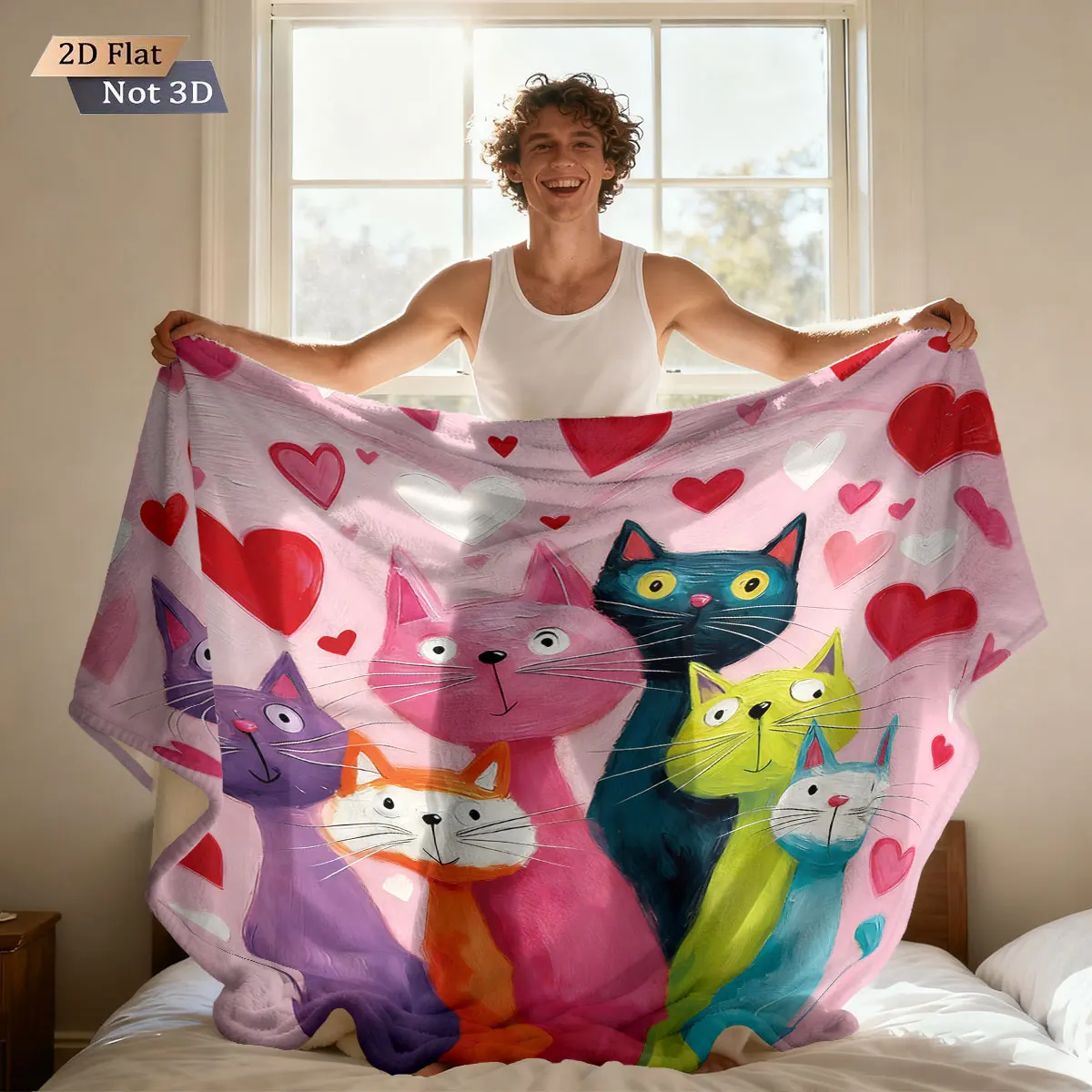 1. Valentinstag, romantische Liebe, niedlicher Katzen-Druck, Flanelldecke, mehrere Größen, bequem, Nickerchen, Freizeitbezug, Teppich, maschinenwaschbar