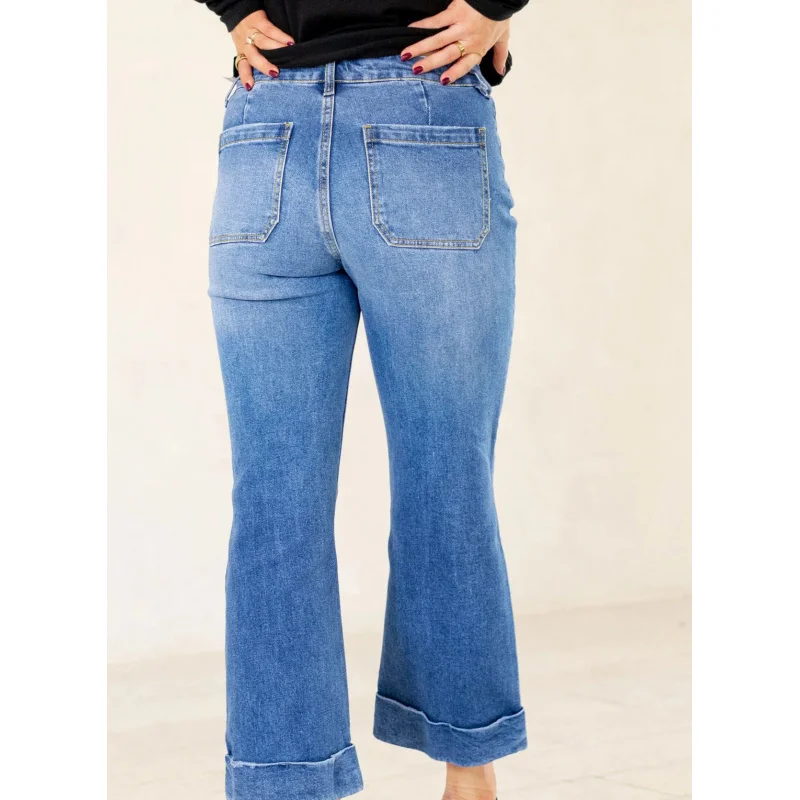 New Women's Fashion Rolled Hem Flared Cropped Jeans Washed Stretch Pants