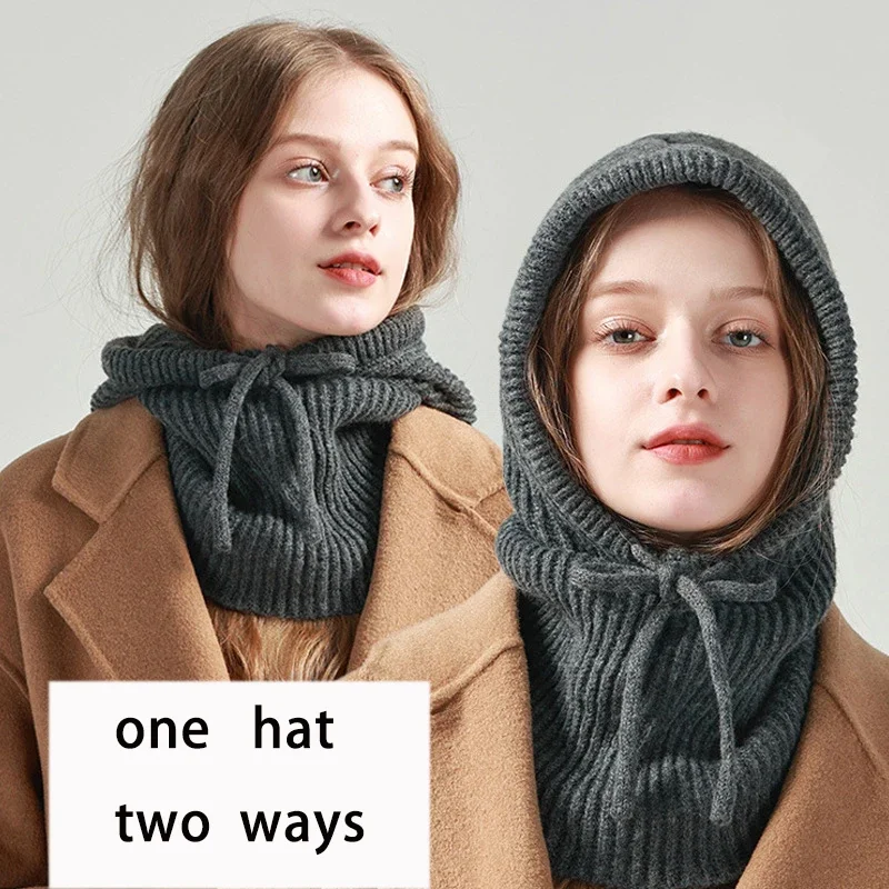 Winter Balaclava Hat for Men&Women Knitted Hooded Cap Outdoor Windproof Warmer Drawstring Hat One-Piece Neck Collar Beanie Cap