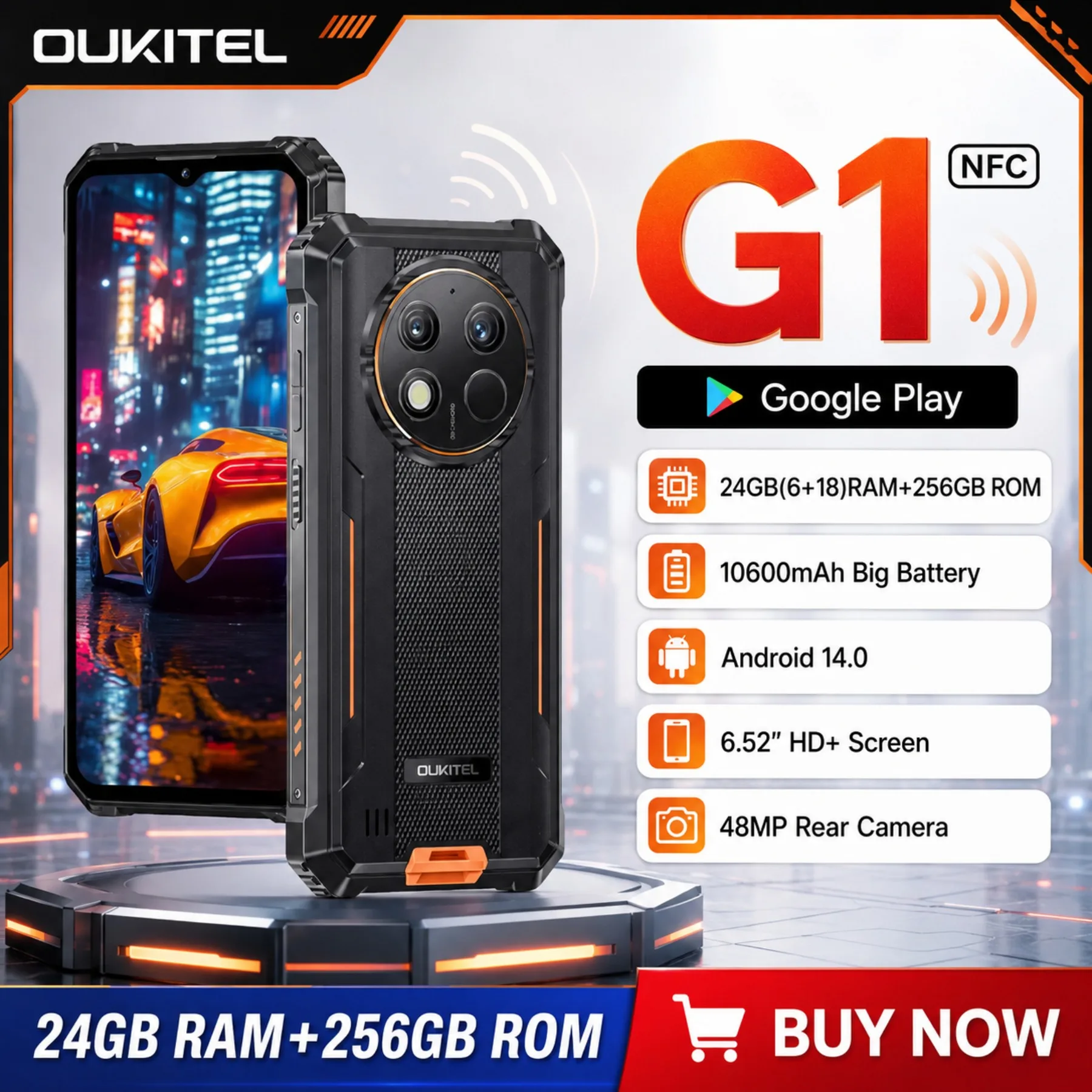 Oukitel G1 Rugged Smartphone Android14 10600mAh Battery 6.52 Inch HD+ 24GB RAM+256GB ROM Mobile Phone 48MP Camera Cellphone NFC