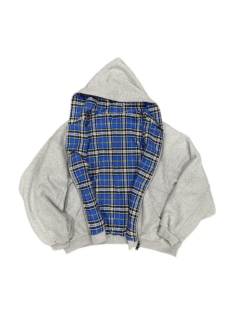 

HOUZHOU Gray Vintage Double-sided Women Man Zipper Hoodies Harajuku Blue Plaid Hooded Sweatshirt Oversize American Style Casual