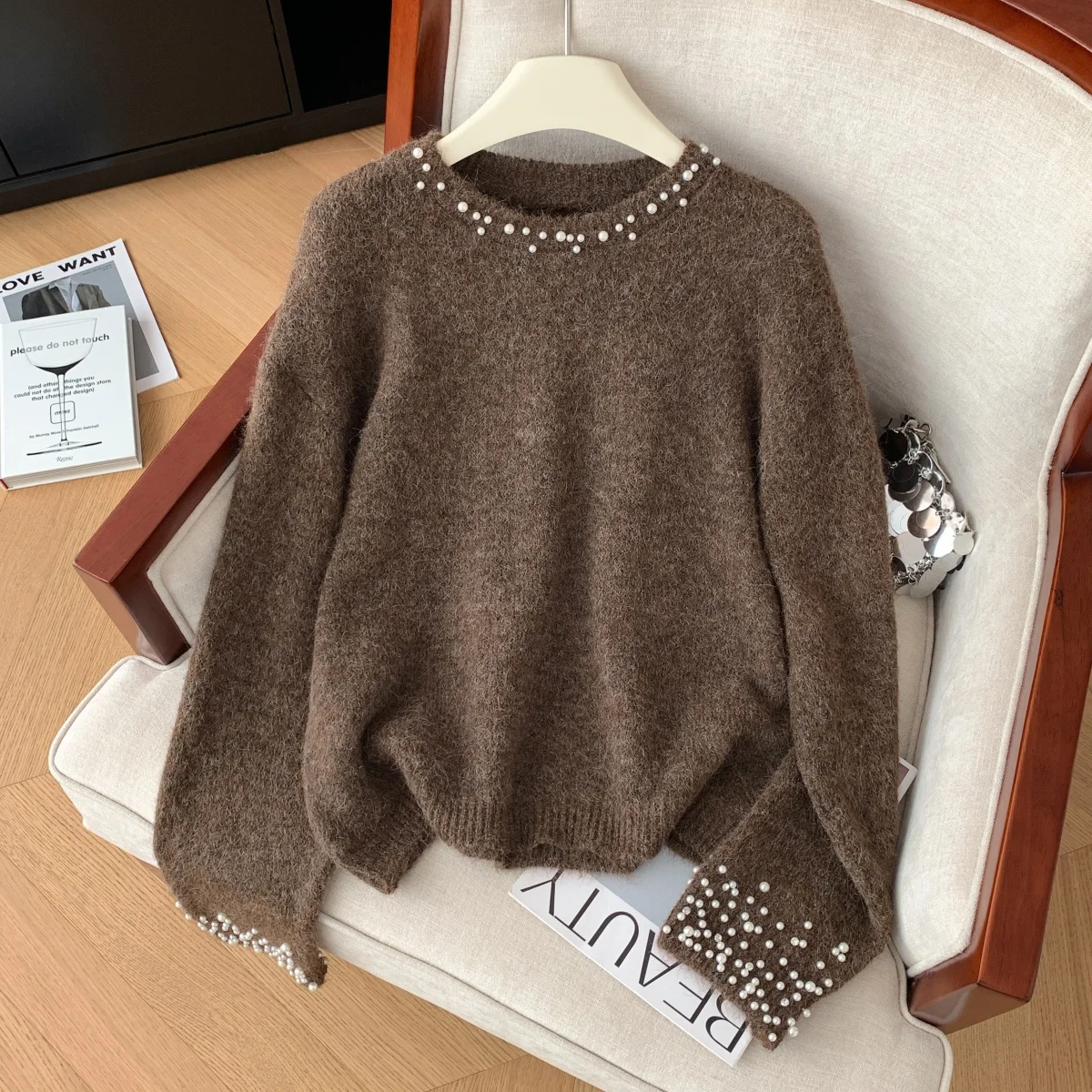 

Женский коричневый пуловер, свитер Y2k, винтажный джемпер 2000-х годов, элегантный джемпер в корейском стиле, вязаный кашемировый свитер с длинными рукавами, зимняя одежда