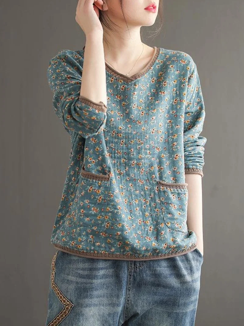 

Retro V-ne ket Twist Cotton Linen Blend Casual T-irt Women's Loose Fit Button up Top Faionable Autumn Winter