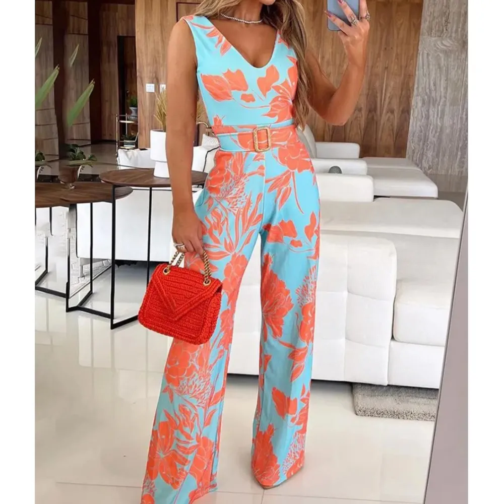 Fashion Printed Sleeveless Women One-piece Pants Spring Summer New Slim-fit Waist Lace Up Elegant Female Office One Piece Pants