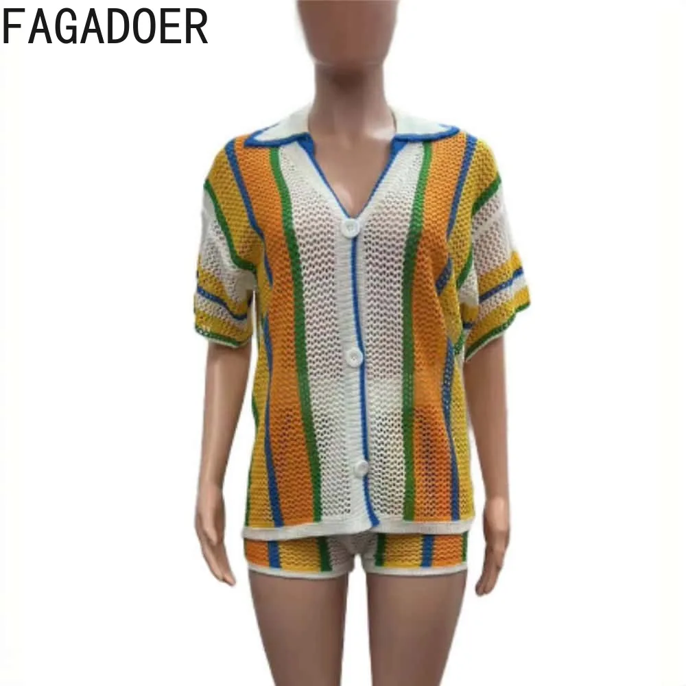 FAGADOER Knit Striped Women\'s Set Cardigan and Straight Pants Loose Suits 2024 Baddie See Through Vacation 2 Piece Sets Outfits