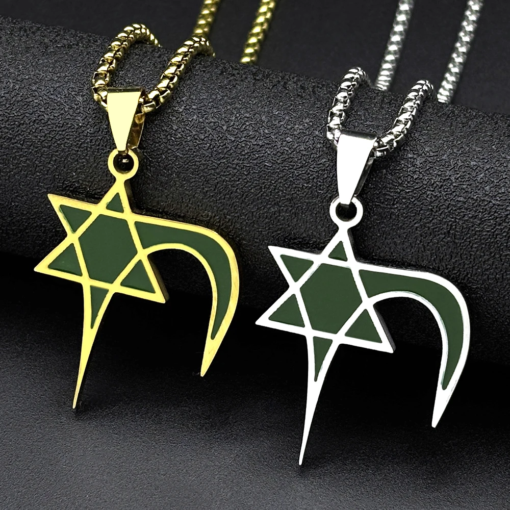 Green Moroccan Star Crescent Pendant Stainless Steel Pendant Necklace for Women Men Gold Color  Islamic Hexagram Chain Jewelry
