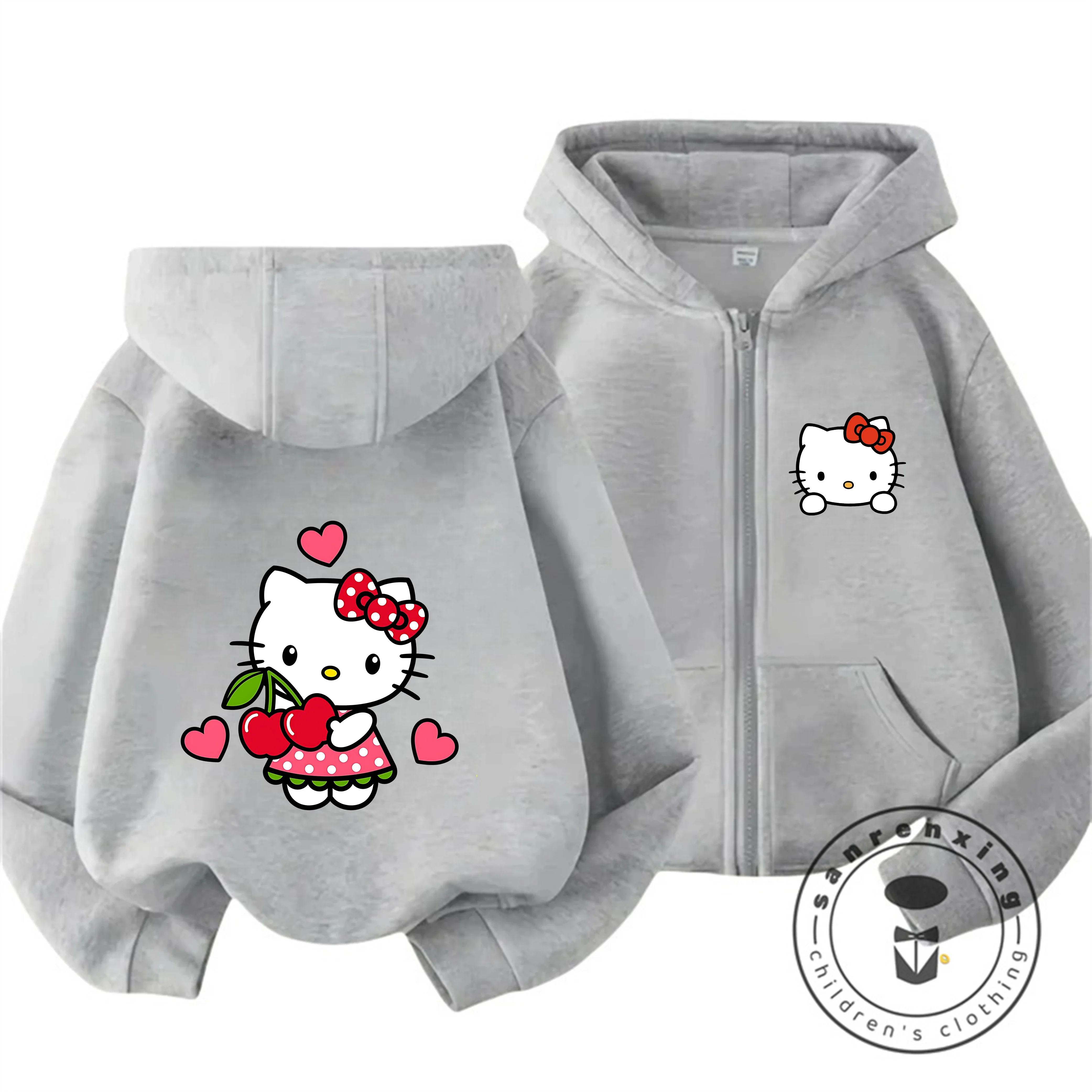 

Hello Kitty 2026 Kawaii Zipper Hoodie 3-14Y Kids Autumn Winter Cute Cartoon Street Hot Fashion Outdoor Casual Trendy Warm