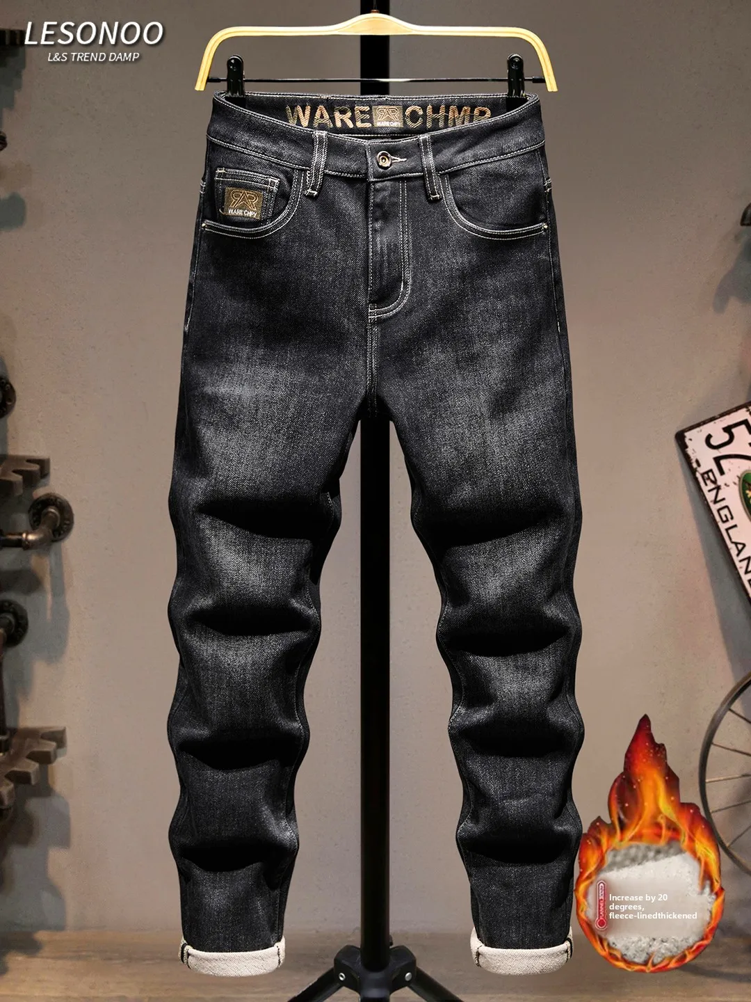 

Мужские зимние утепленные джинсы прямого кроя на флисовой подкладке, эластичные, теплые, повседневные, модные, городские, со средней посадкой, из смесового хлопка и полиэстера
