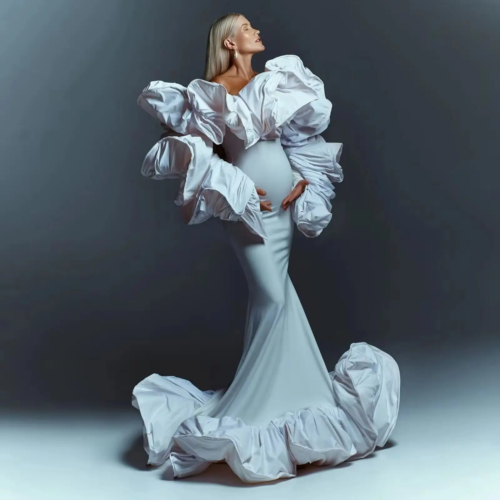 2025 Photoshoot Ruffled Lush Long Sleeves Maternity Photography Dress Baby Shower Gown Amazing Puffy Mermaid Maternity Dresses