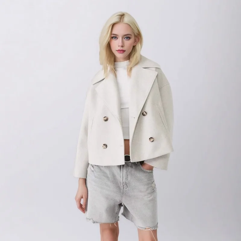 Women Cropped Wool Blend Coat Lapel Collar Double Breasted Short Pea Coat Casual Loose Solid Color Oversized Outerwear Autumn