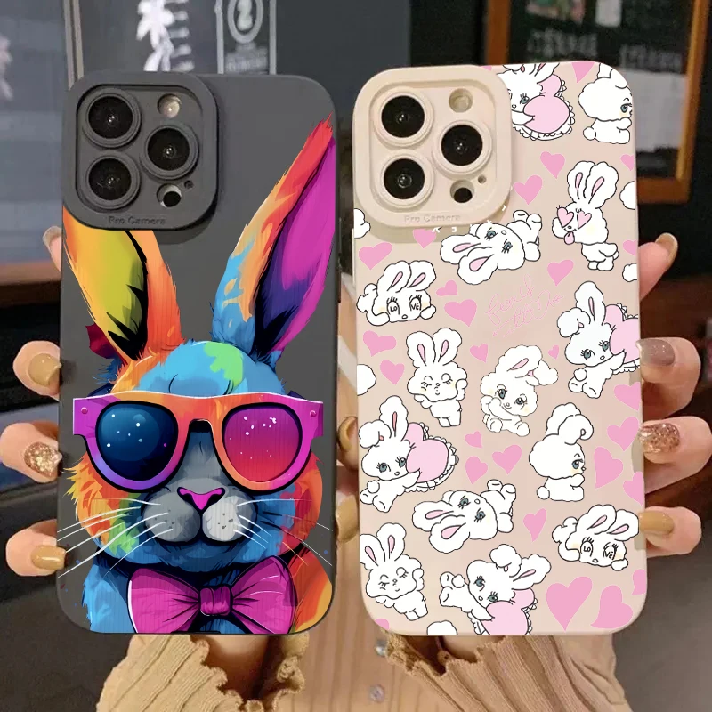 Cute Colorful Rabbit Silicone Phone Case For iPhone 11 12 13 14 15 Pro Max X XS Max XR 7 8 Plus SE 2020 Shockproof Soft Cover