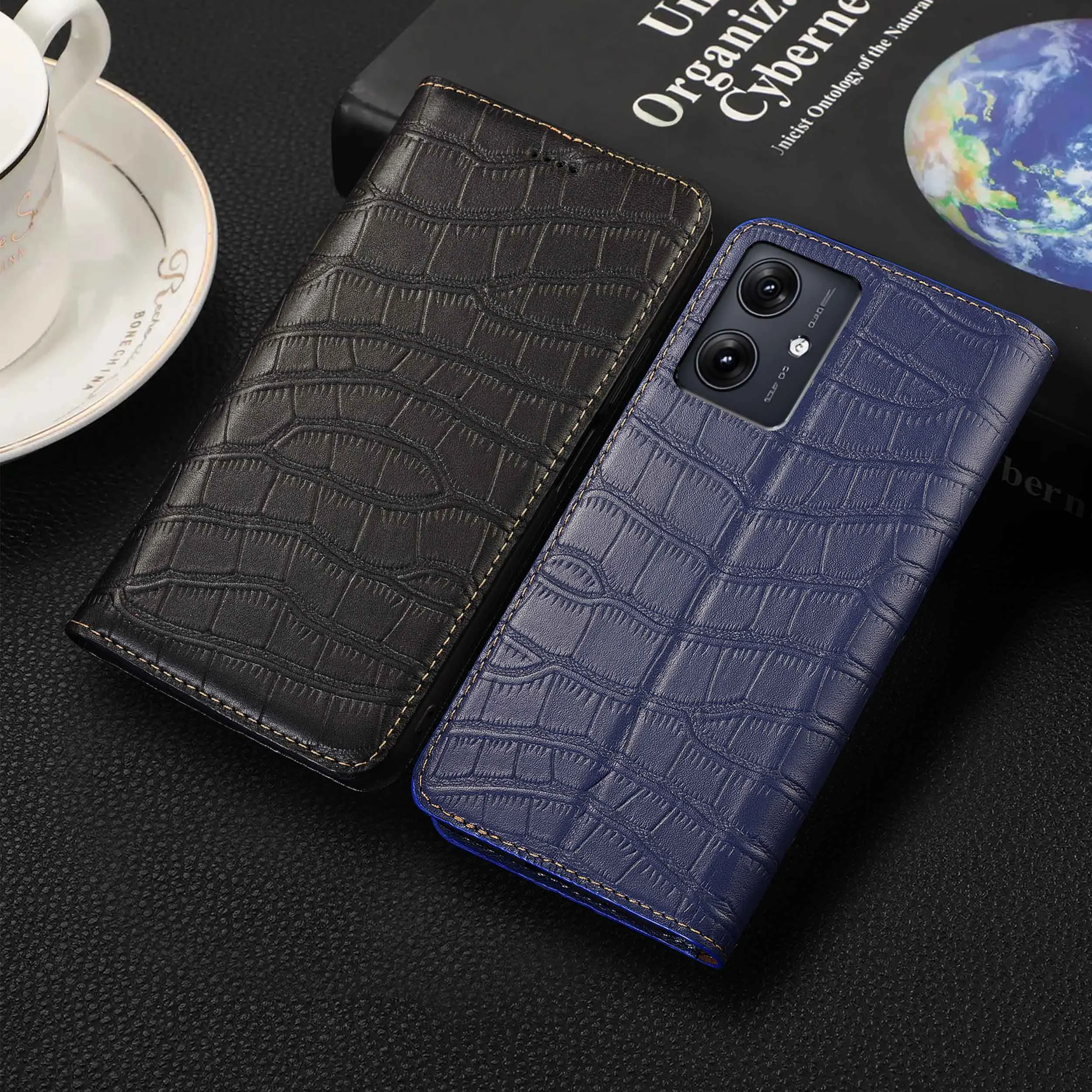 

For Moto G53 G55 G60 G60S G62 G64 G72 G73 G75 G82 G84 G85 5G Crocodile Belly Pattern Of Genuine Leather Flip Phone Case Cowhide