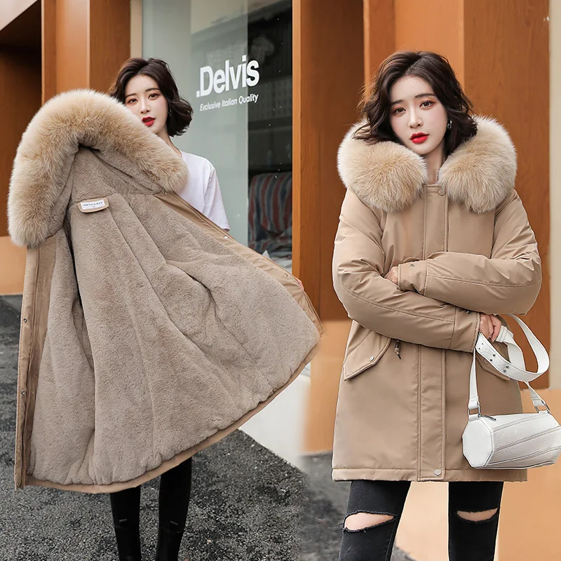 

Parkas Unisex Womens Autumn Flocking Literary Travel Front Cinched Downcotton-Padded Neck Double-Wear Detachable Fur Commuting