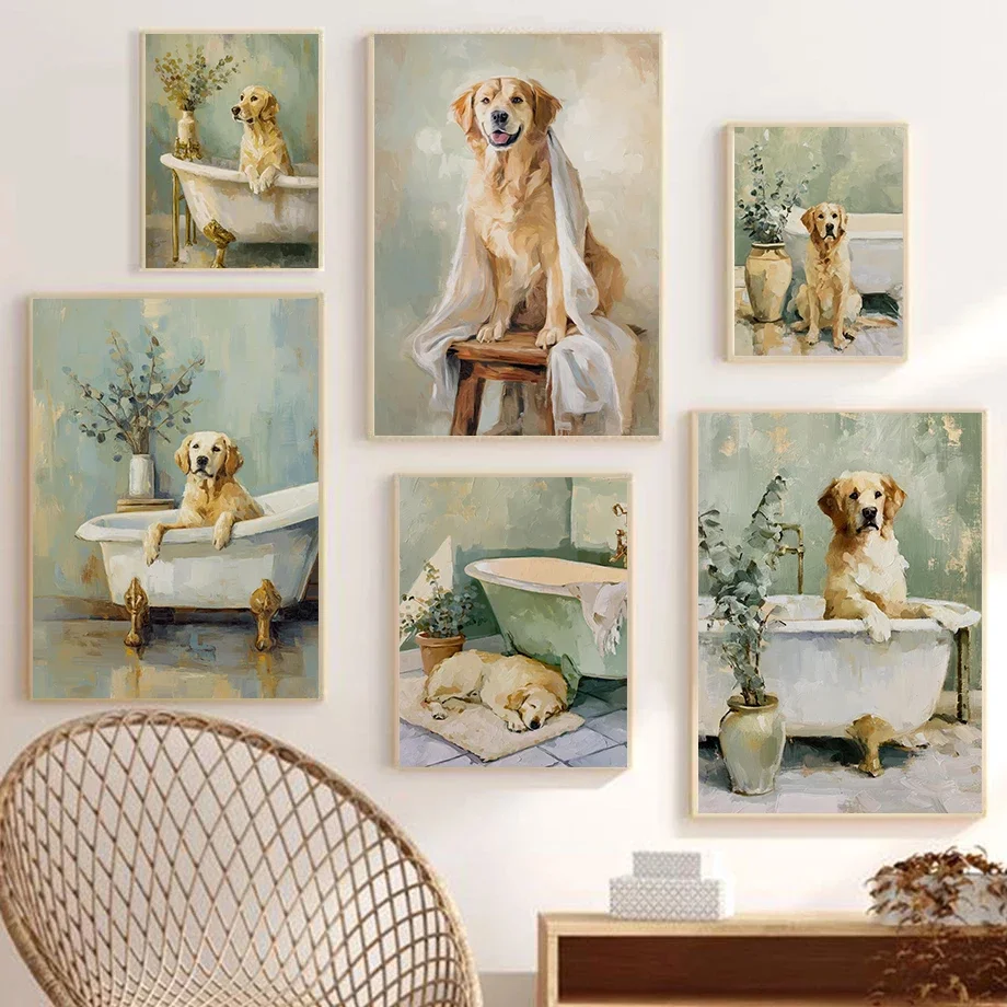 Minimalist Trendy Dog Bathroom Bathtub Posters Golden Retriever Spa Modern Prints Canvas Painting Wall Pictures Home Room Decor