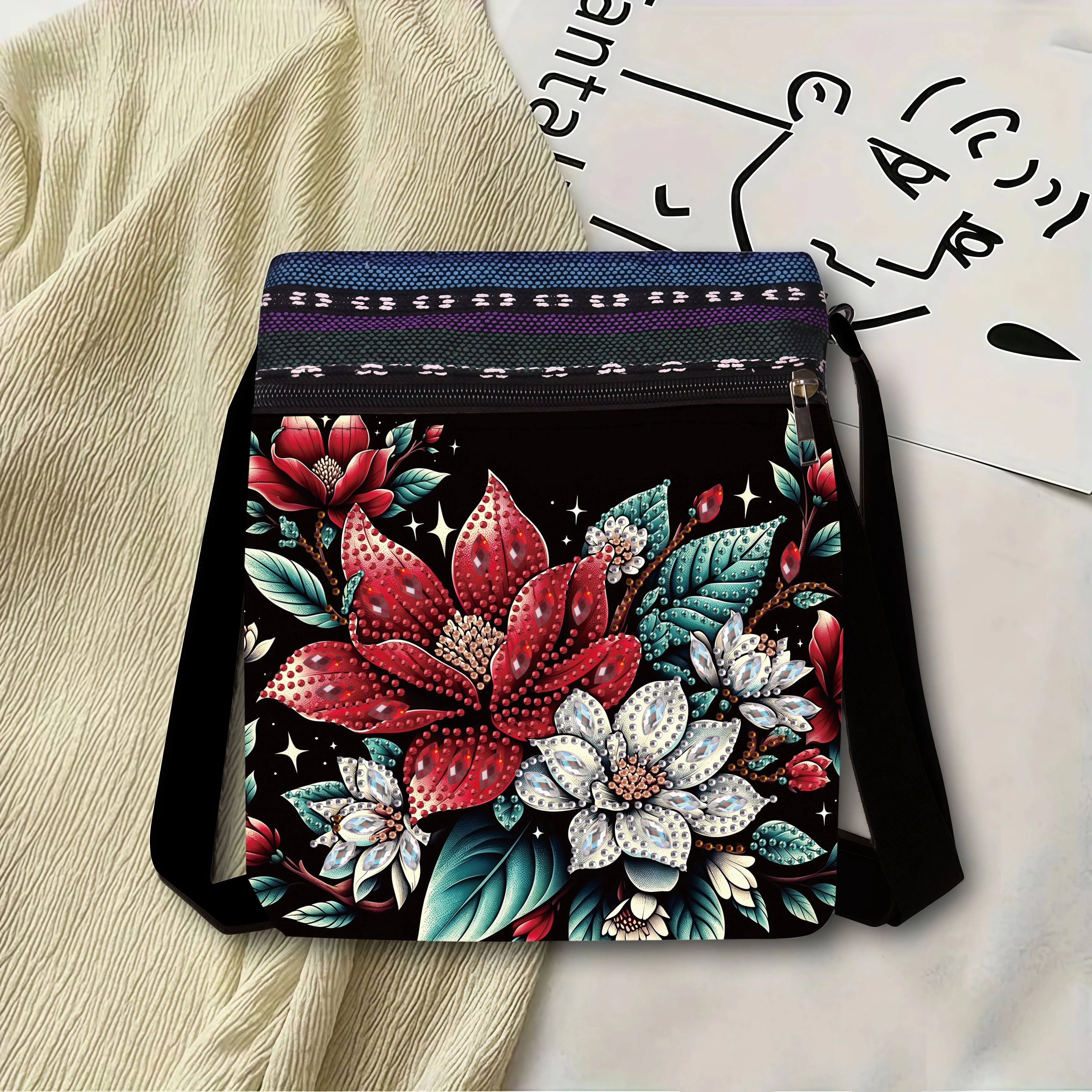 1 Piece Diamond Painting Kit Messenger Bag Flower Pattern Canvas Material Is Suitable for Small Items Storage, Thanksgiving Gift