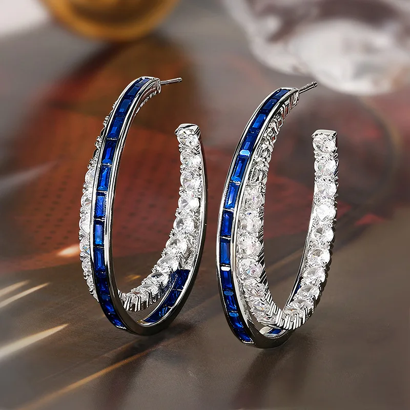 

Jianjie Dainty C Shaped Blue/Rose Red Crystal Hoop Earrings for Women Office Lady Unique Personality Zircon Ear Jewelry