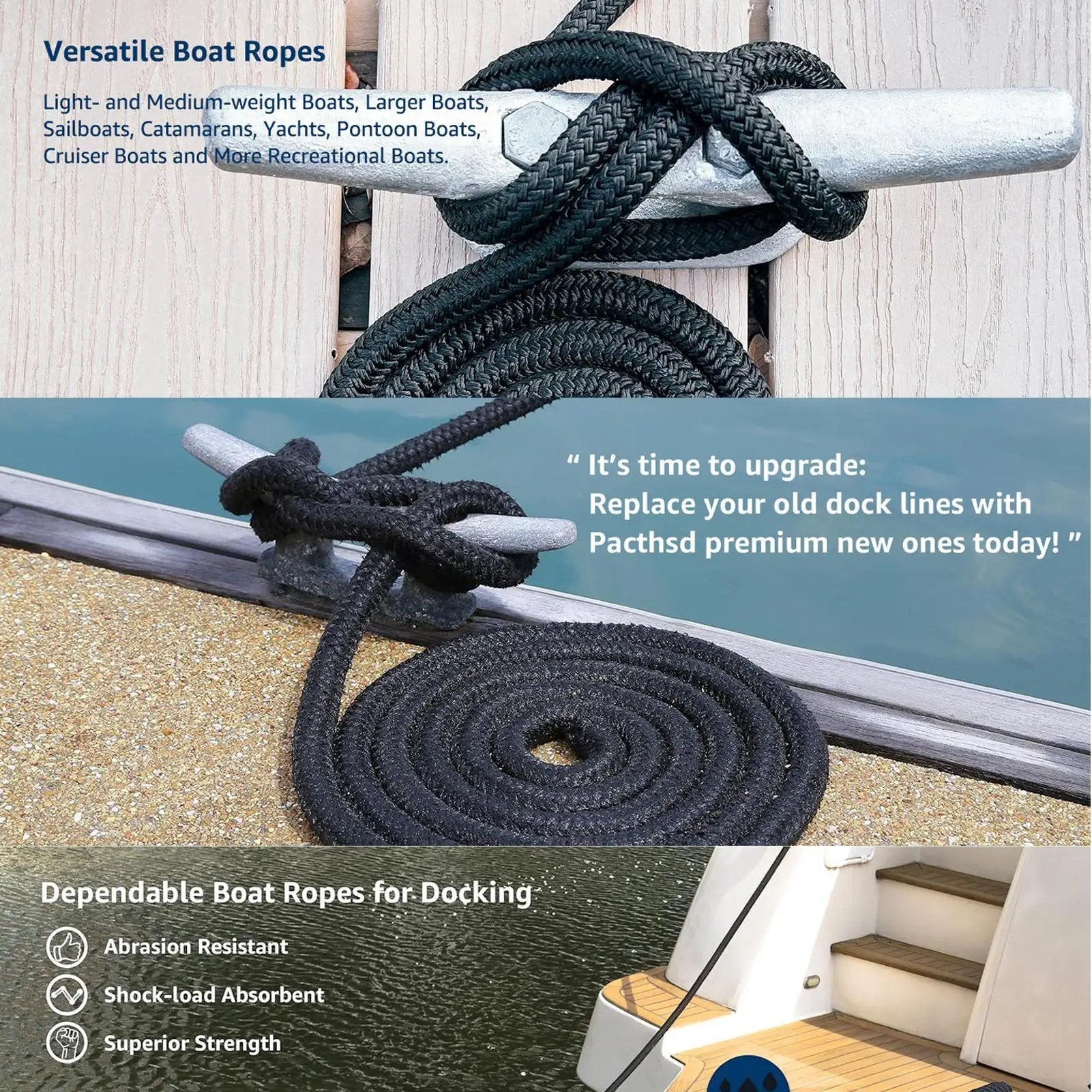 Boat Lines For Docking 5/8inch X 15FT Nylon Heavy-Duty Cord Boat Ropes For Mooring Anchoring Sailing Yachts Marine Activities