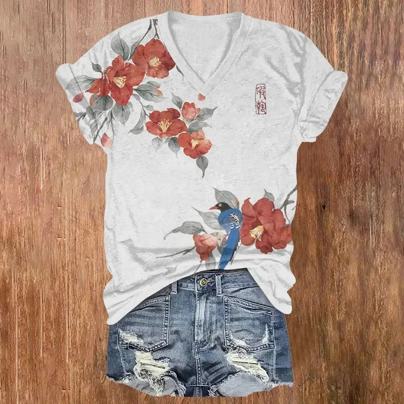 Oriental-Inspired Floral & Bird Print Short Sleeved V-Neck T-Shirt Summer Women's T Shirts