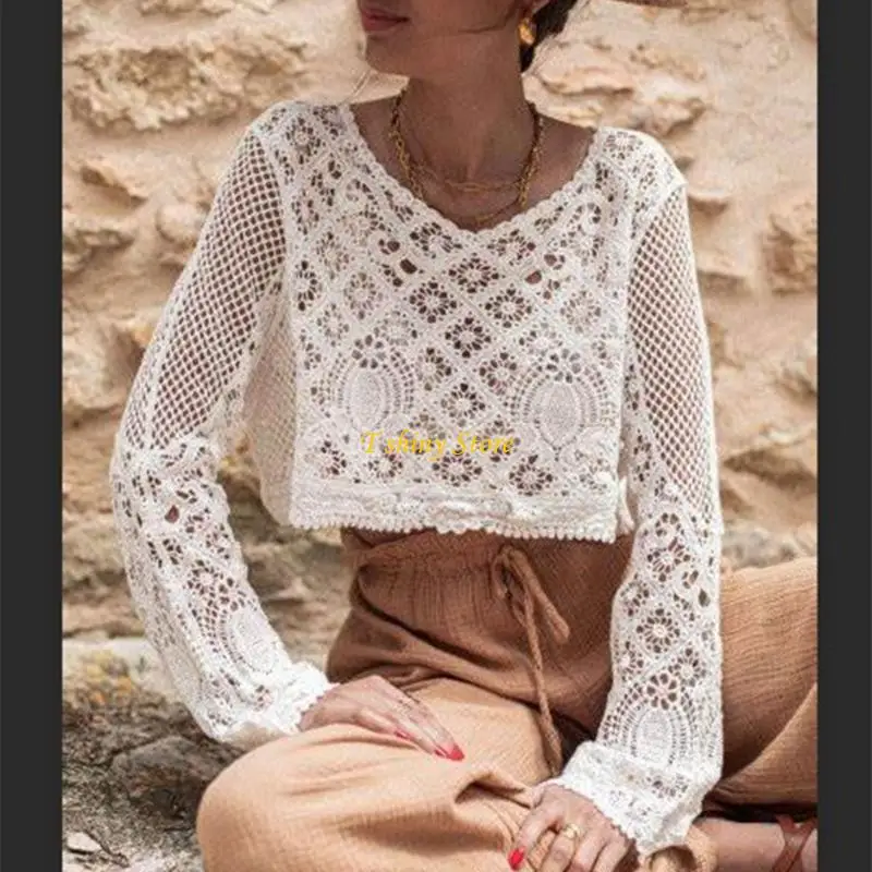 N58F Women's Crochet Lace Pullover Crop Top Sun Protective Casual Long Sleeve Shirt