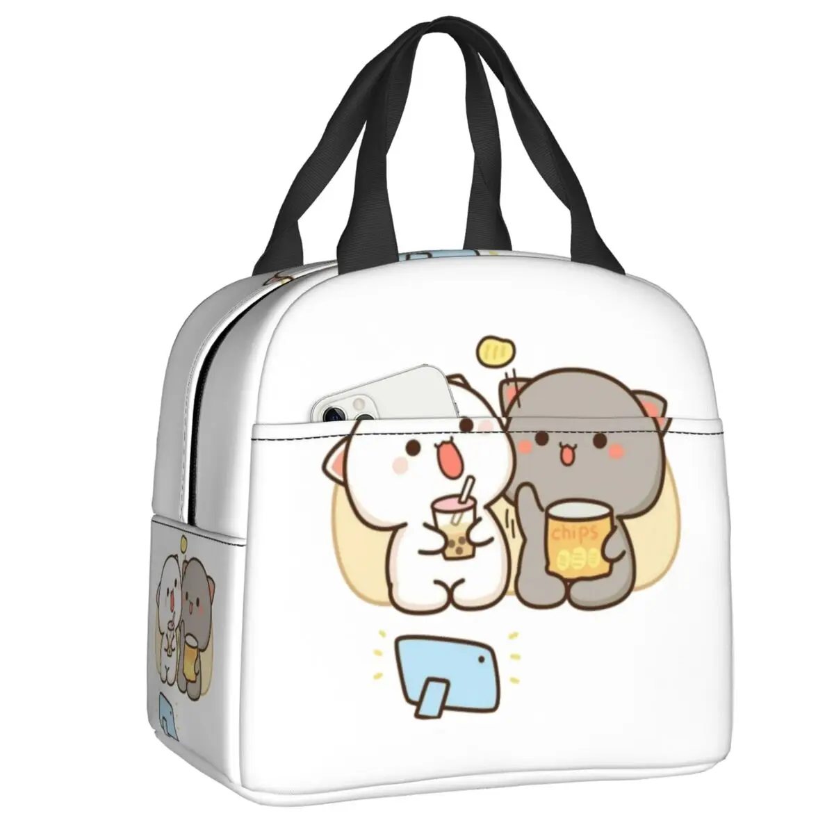 Bolsa de almuerzo aislada personalizada con diseño de gato Mochi Peach y Goma comiendo patatas fritas, para mujeres, nevera térmica portátil, caja Bento para niños en edad escolar